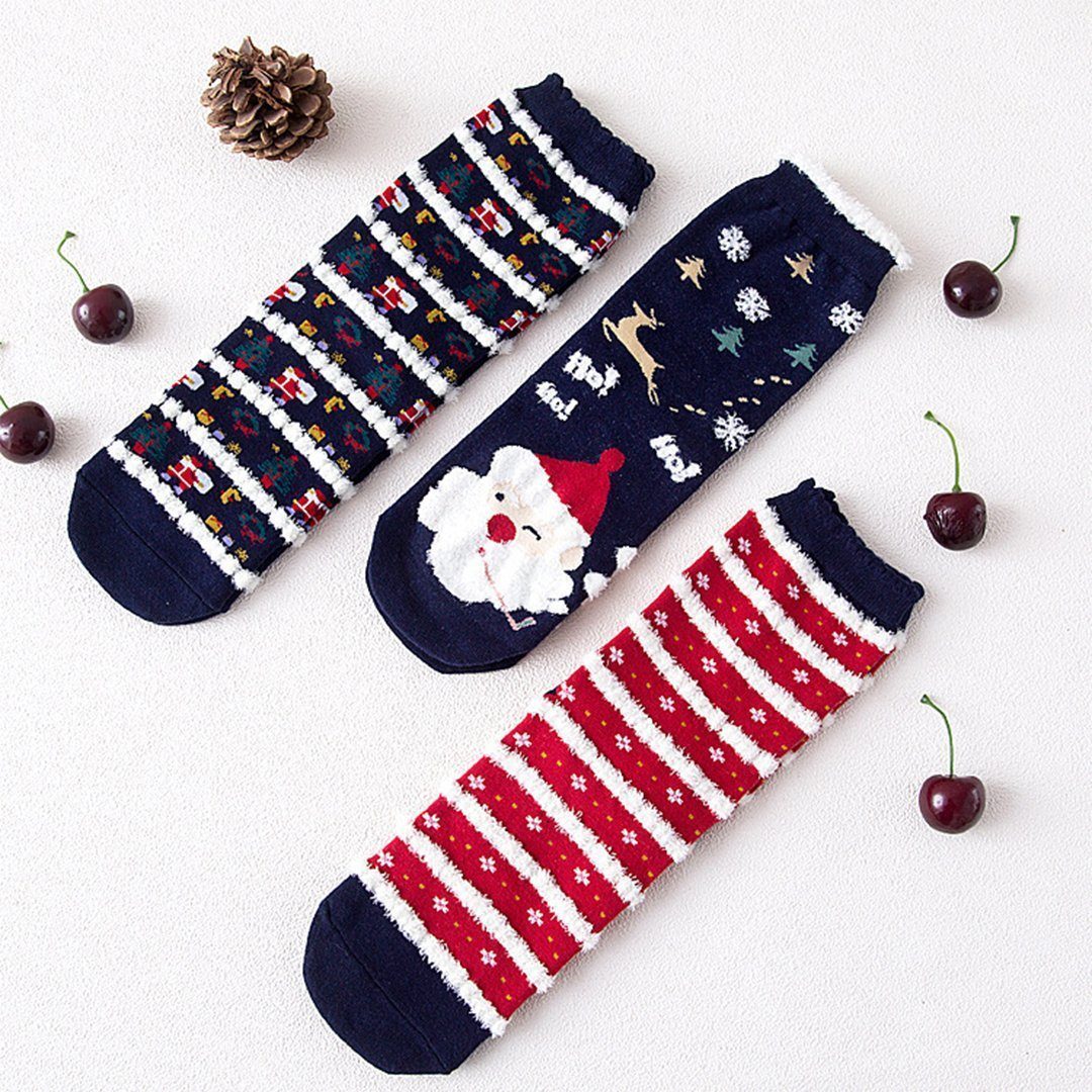 Christmas Cartoon Jacquard Cotton Women's Socks, 3 Sets