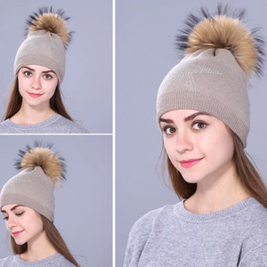 Women Wool Fox Fur Poms Warm Knitted Casual Hat