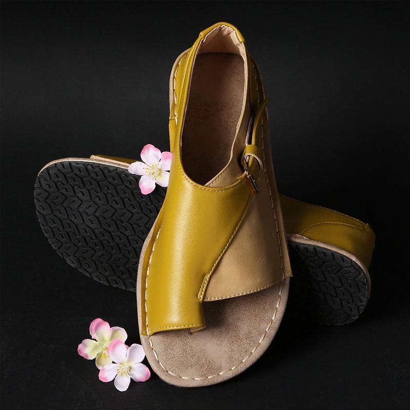 Women Retro Color Splicing Buckle Flip Flops Flat Sandals