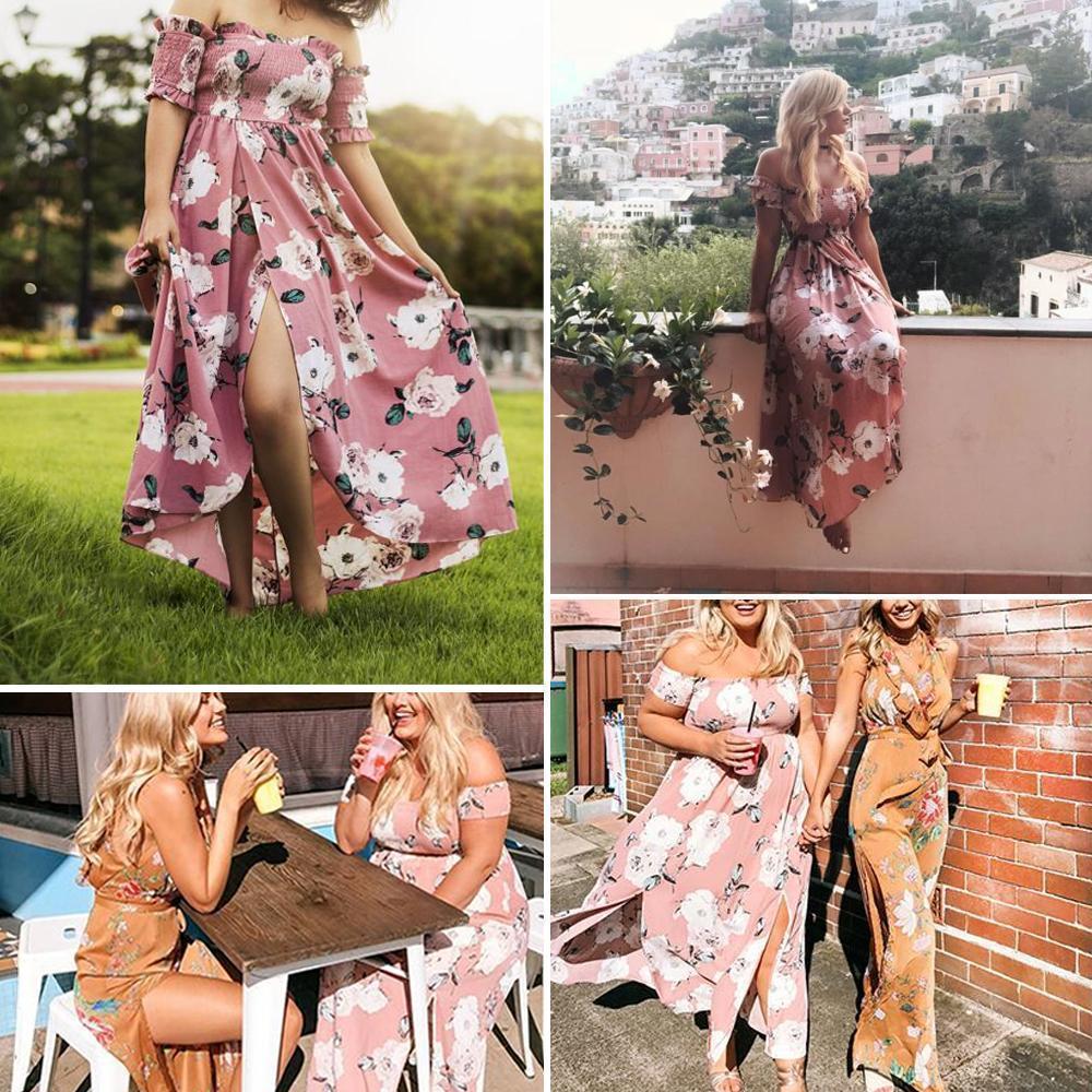 Off Shoulder Shirred Slit Floral Maxi Dress