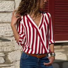 Load image into Gallery viewer, Women Shirt V-neck Striped Print Blouse