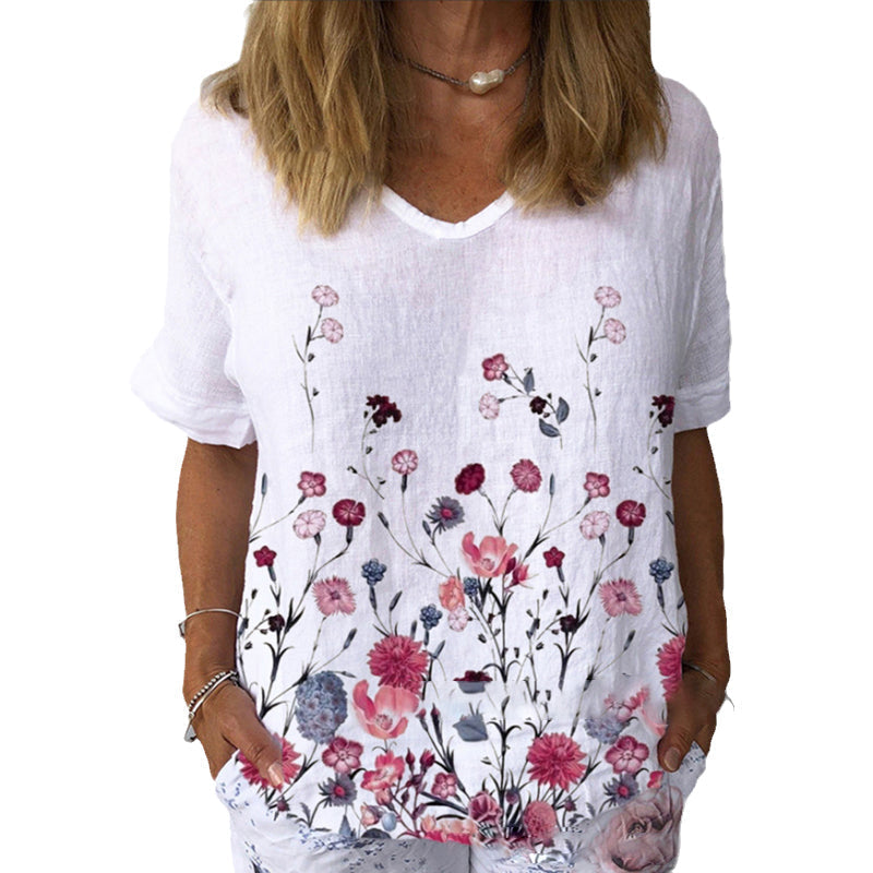 Daisy Floral Crew Neck Short Sleeve Cotton Linen T-Shirt