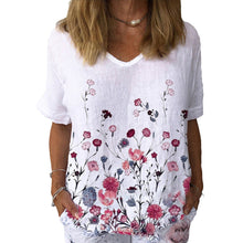 Load image into Gallery viewer, Daisy Floral Crew Neck Short Sleeve Cotton Linen T-Shirt