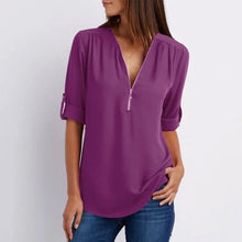 Load image into Gallery viewer, V Neck Zipper Patchwork Plain Blouses