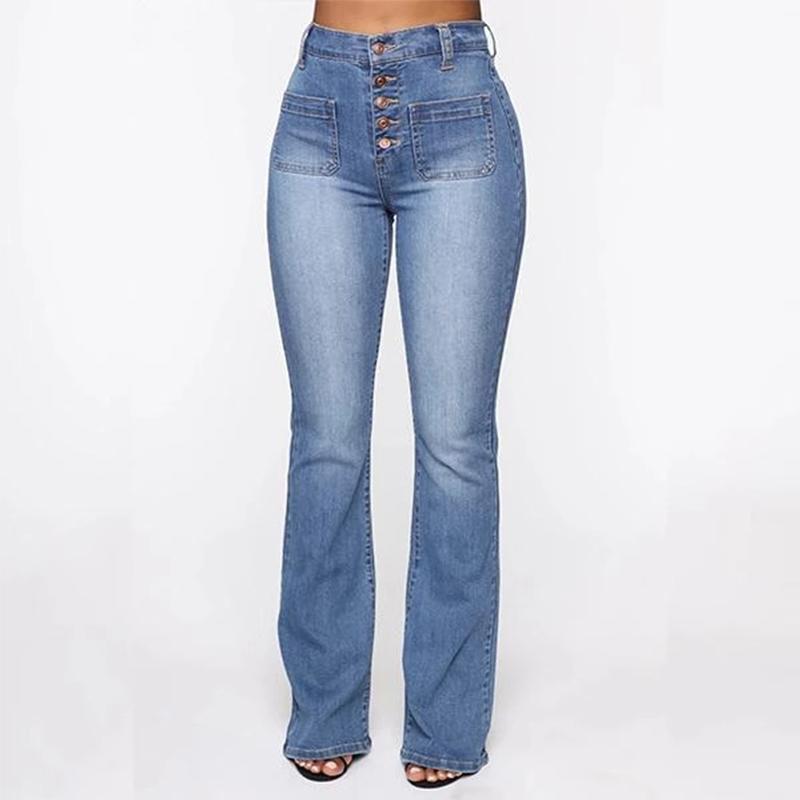 Washed High Waist Button Boot-cut Jeans