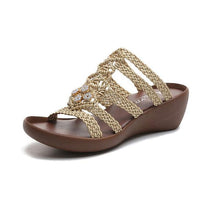 Load image into Gallery viewer, Hollow Out Weave Opened Toe Rhinestone Wedges Slippers