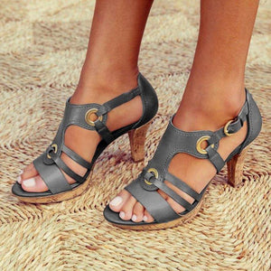 Plain Chunky High Heeled Peep Toe Date Travel Sandals