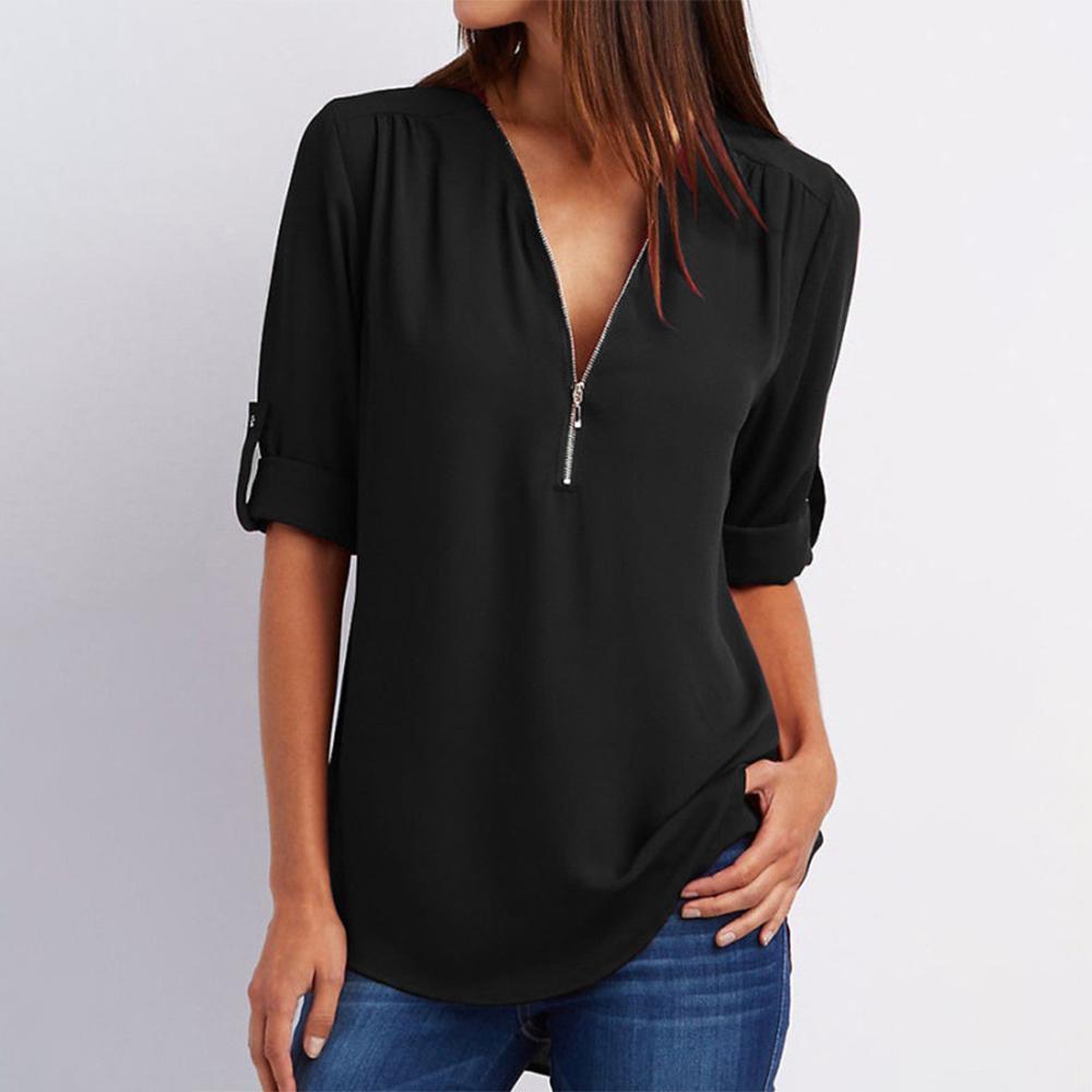 V Neck Zipper Patchwork Plain Blouses