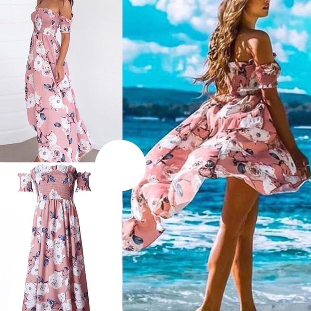 Off Shoulder Shirred Slit Floral Maxi Dress