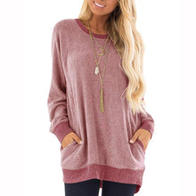 Load image into Gallery viewer, Womens Casual Color Block Long Sleeve Round Neck Pocket T Shirts