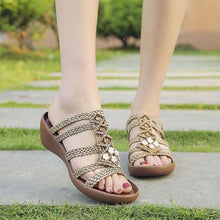 Load image into Gallery viewer, Hollow Out Weave Opened Toe Rhinestone Wedges Slippers