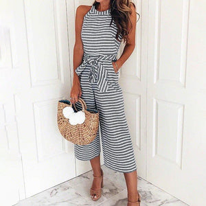 Women Summer Striped Sleeveless Back Zipper Jumpsuits