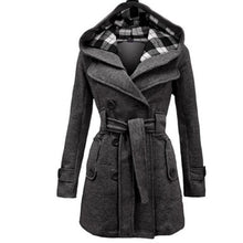 Load image into Gallery viewer, Women Double Breasted Slim Hoodie Solid Casual Long Pea Coat with Belt