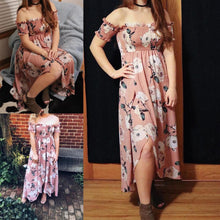 Load image into Gallery viewer, Off Shoulder Shirred Slit Floral Maxi Dress