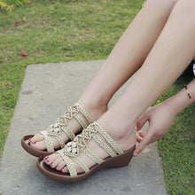 Load image into Gallery viewer, Hollow Out Weave Opened Toe Rhinestone Wedges Slippers