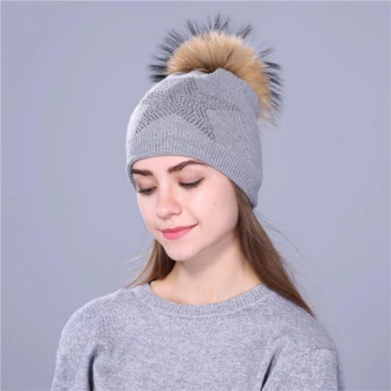 Women Wool Fox Fur Poms Warm Knitted Casual Hat