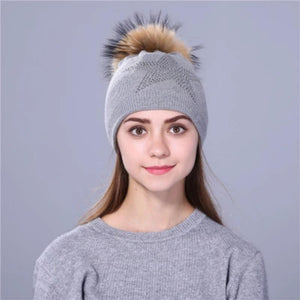 Women Wool Fox Fur Poms Warm Knitted Casual Hat