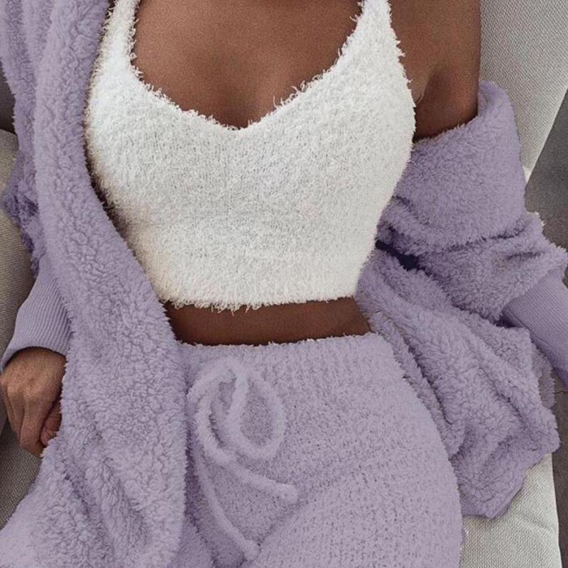 Fluffy Hooded Open Front Teddy Coat & Short Sets