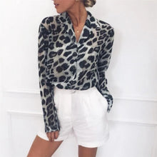 Load image into Gallery viewer, Women Long Sleeve Sexy Leopard Print Turn Down Collar Blouse