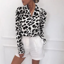 Load image into Gallery viewer, Women Long Sleeve Sexy Leopard Print Turn Down Collar Blouse