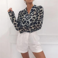 Load image into Gallery viewer, Women Long Sleeve Sexy Leopard Print Turn Down Collar Blouse