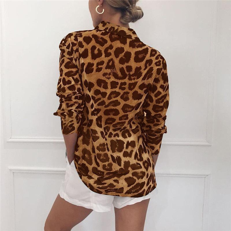 Women Long Sleeve Sexy Leopard Print Turn Down Collar Blouse