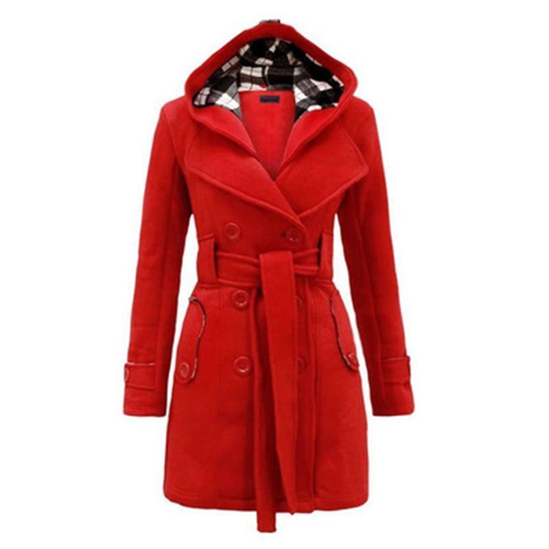 Women Double Breasted Slim Hoodie Solid Casual Long Pea Coat with Belt