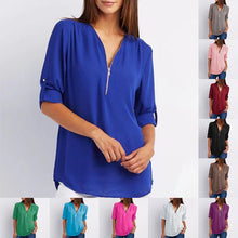 Load image into Gallery viewer, V Neck Zipper Patchwork Plain Blouses