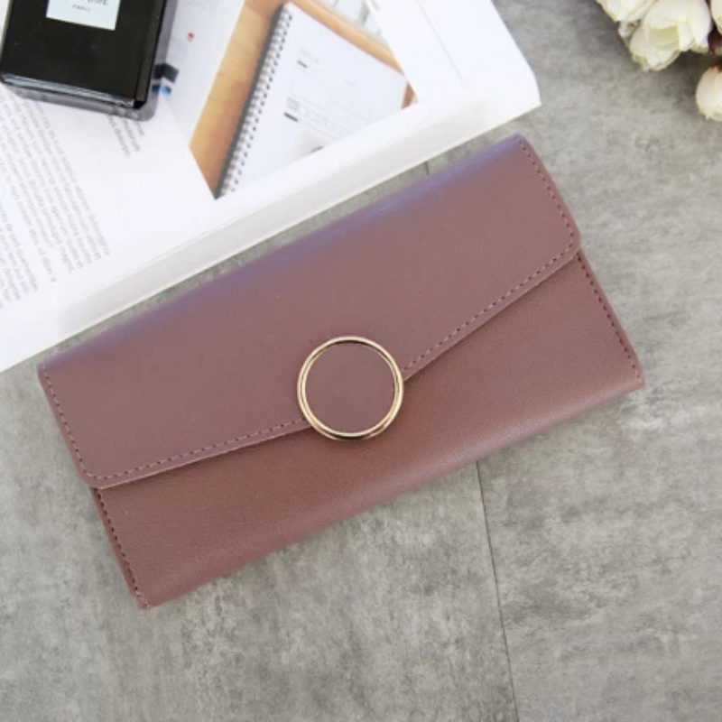 Women Long Pu Leather Zipper Metal Circle Decor Wallet