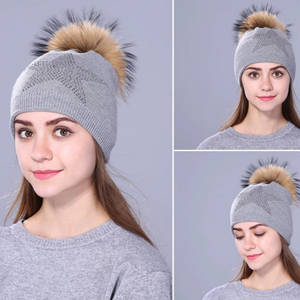 Women Wool Fox Fur Poms Warm Knitted Casual Hat