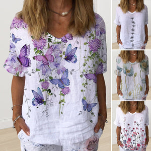 Daisy Floral Crew Neck Short Sleeve Cotton Linen T-Shirt