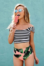 Load image into Gallery viewer, New Palm Leaf High Waist Off Shoulder Crop Bikini Swimsuit in Striped.MC