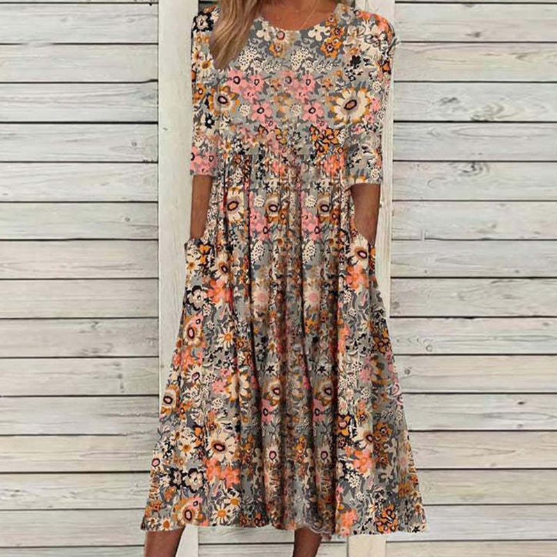 Scoop Neck Floral Printed Pockets Midi Dress