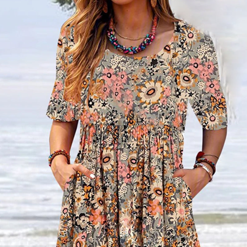 Scoop Neck Floral Printed Pockets Midi Dress