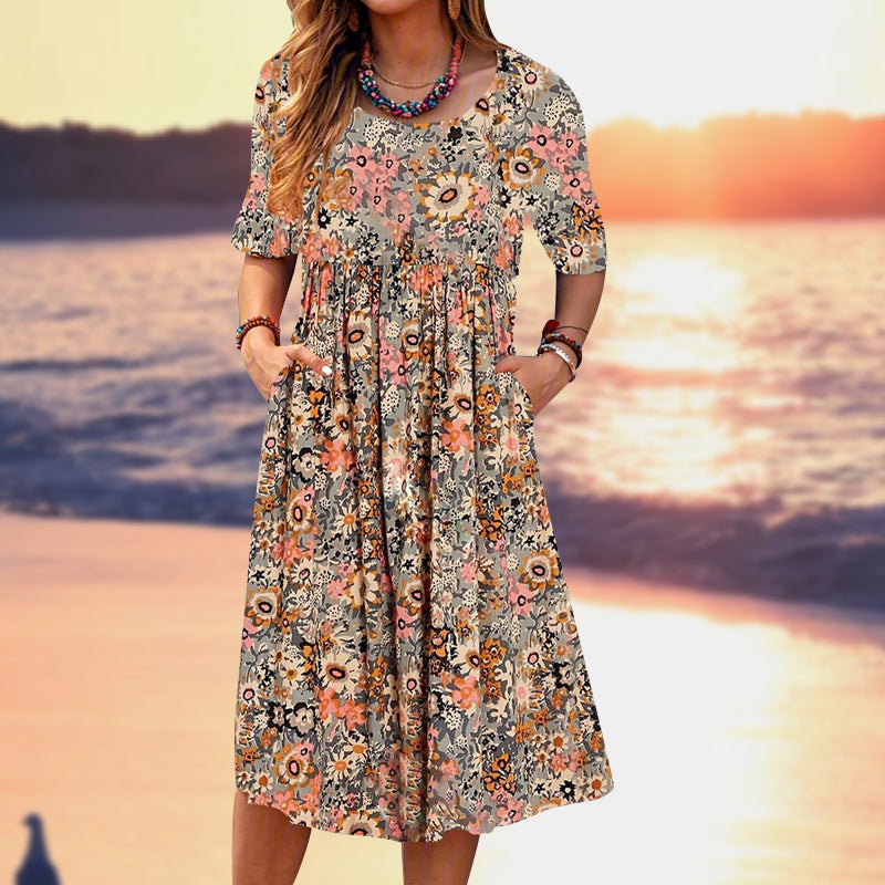 Scoop Neck Floral Printed Pockets Midi Dress