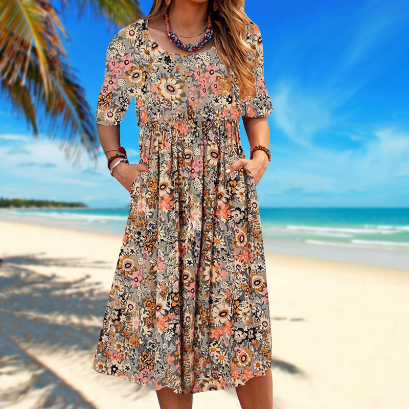 Scoop Neck Floral Printed Pockets Midi Dress