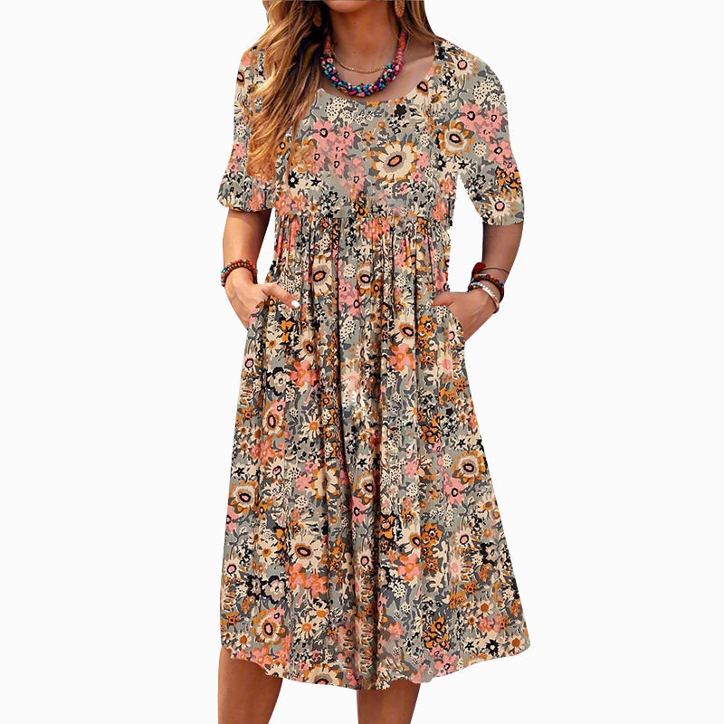 Scoop Neck Floral Printed Pockets Midi Dress