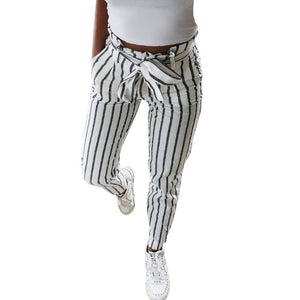 Women Striped Long Tie High Waist Ladies Pants